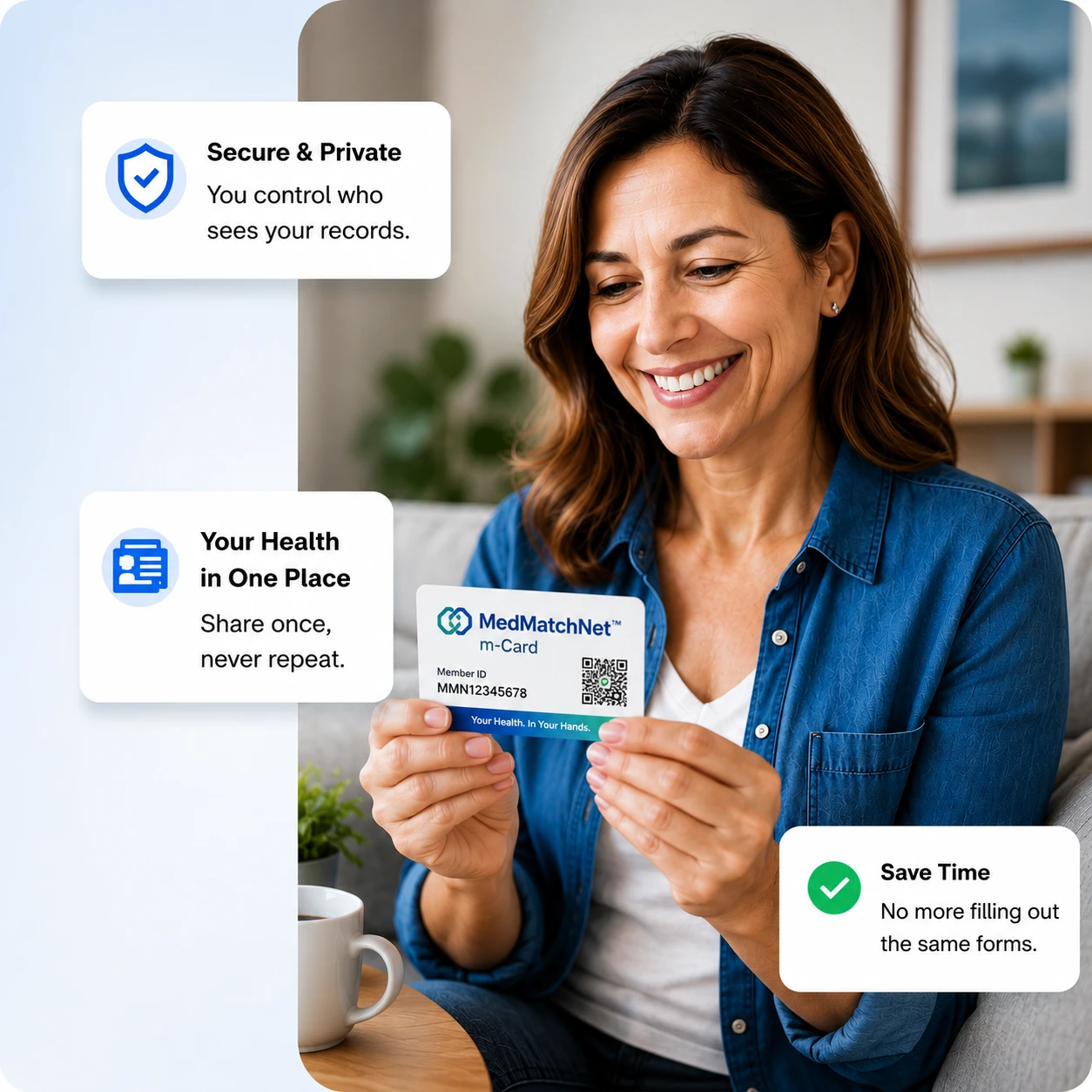 A woman smiling while holding her MedMatchNet m-Card, with callouts for secure and private records, your health in one place, and saving time